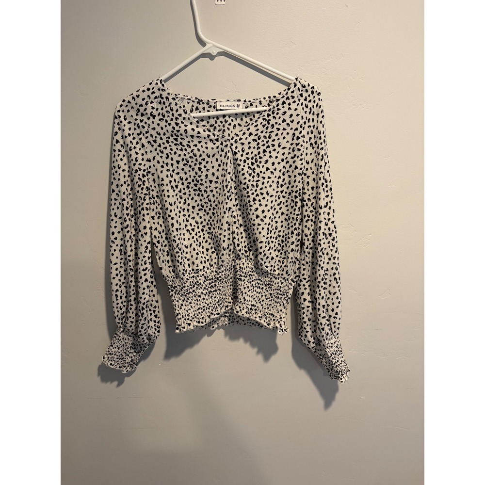 Elings Leopard Print Smocked Waist Blouse White Black Long Sleeve V-Neck Small